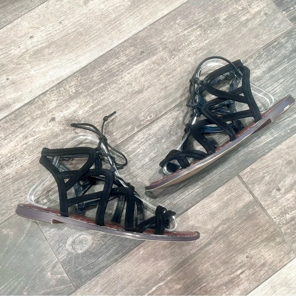 Sam Edelman Sandals Womens 10 Gemma Black Suede Leather Gladiator Lace Up Shoes
